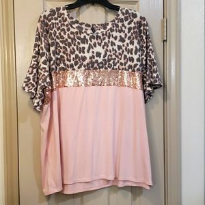 BOUTIQUE Bling, leopard & pink top with ruffled sleeves XXL